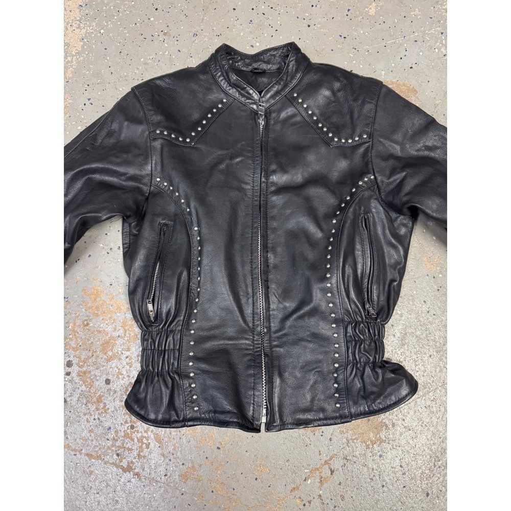 Womens UNIK Premium Black Leather Motorcycle Biker‎ Studded Jacket Medium